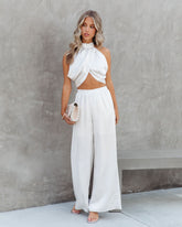 Elegant And Graceful Satin High Waisted Wide Leg Pants - Off White
